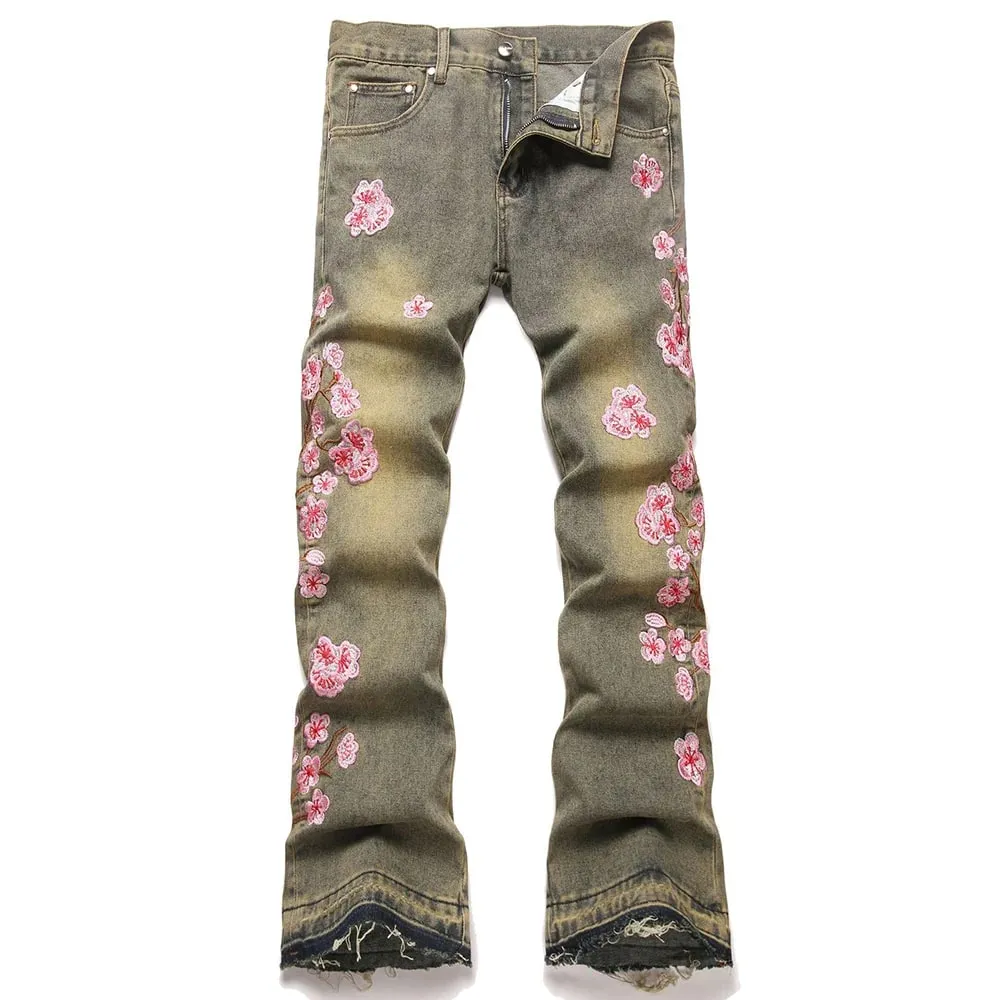 Men Sakura Embroidery Denim Jeans Streetwear Boot Cut Pants Released Hem Flared Trousers with Ripped And Cherry Blossom Design — image 10