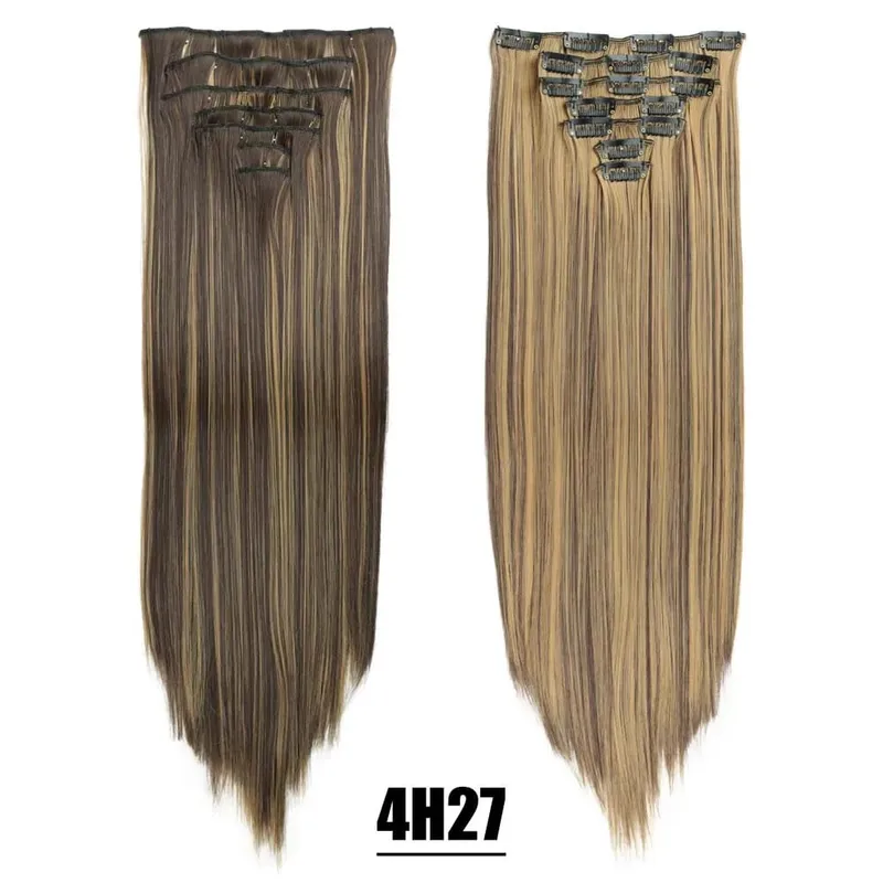 Synthetic 24Inch 16 Clips In Hair Extensions 7Pcs/Set Long Wavy Hairstyles Blonde Brown Heat Resistant Hairpiece For Women — image 23
