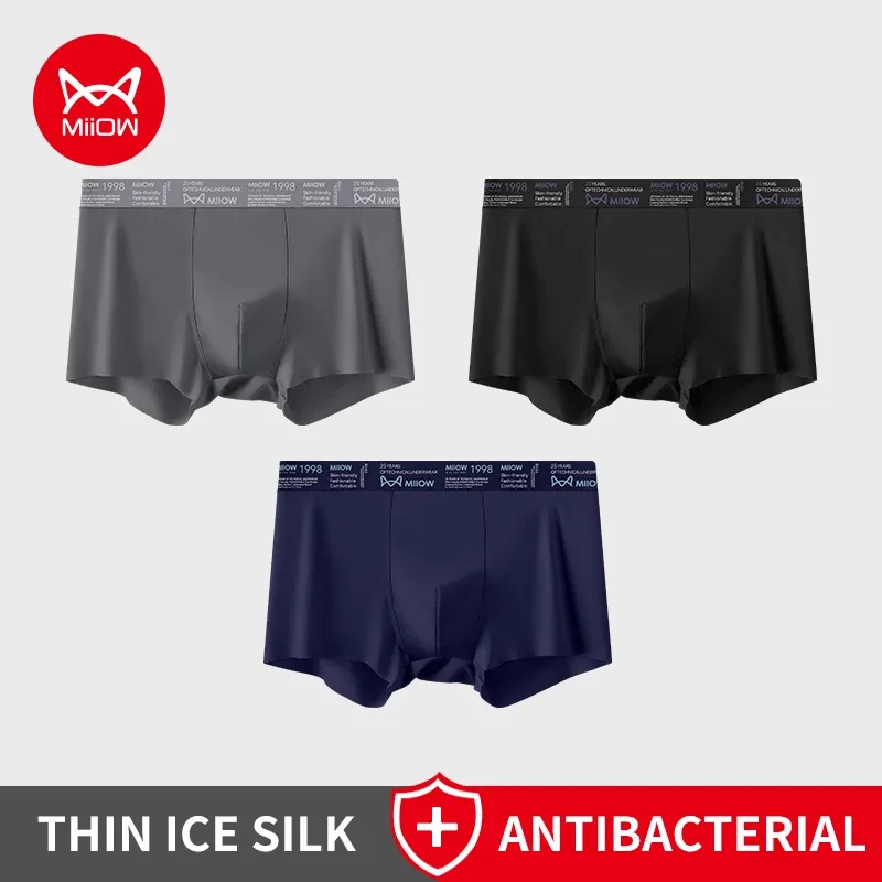 MiiOW 3Pcs Ice Silk Men Underwear Boxers Breathable Ultra-thin Mens Underpants Antibacterial Mens Panties Man Boxershorts Briefs
