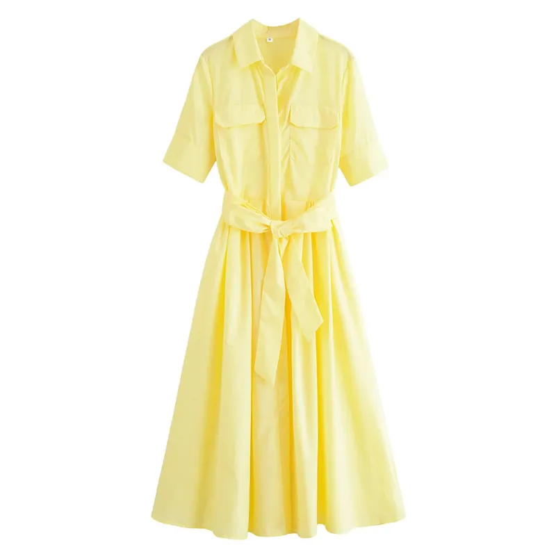 HH Women Summer Lapel Short Sleeve Pocket Single-Breasted Belt Decorate Midi Dress Female Fashion Shirt Style Pleated Dress — image 16