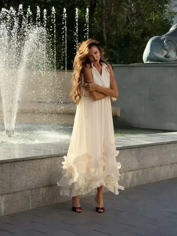 Solides mehrschichtiges Maxikleid mit Rüschen für Damen, elegant, ärmellos, schulterfrei, hohe Taille, Kleider 2026, Urlaub, weibliche Kleidung