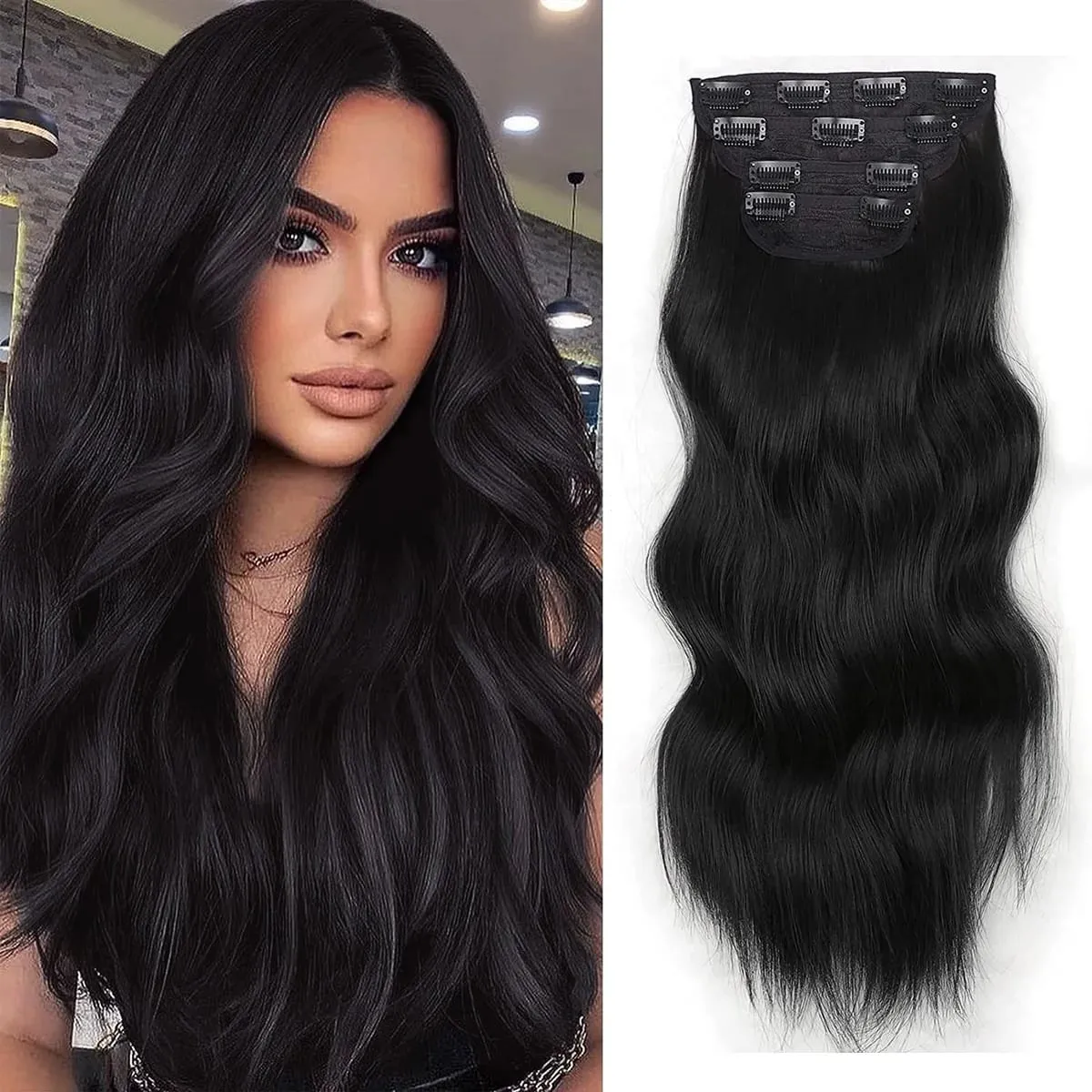 Clip in Synthetic Hair Extensions Long Wavy 4PCS Thick Hairpieces Dark Brown Fiber Double Weft Natural Hair Extensions For Women — image 14