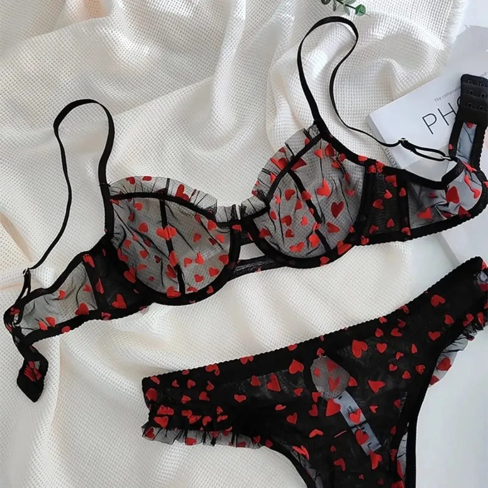 Women Heart Pattern Lace Underwire Bra Set Light Mesh Support Daily Intimates Lingerie Underwear Size 32‑38AB Women