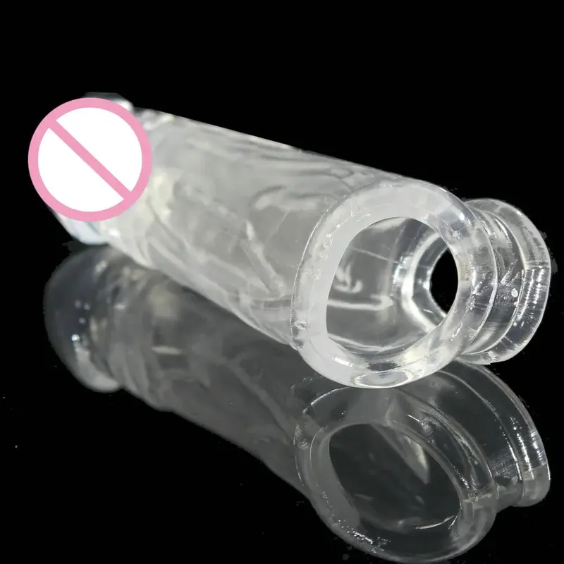 Reusable Delay Condom 2ring CLEAR ENLARGE Impotence Contraceptive Penis Extension LASTING cock sleeve Sex product Men Toys Dildo