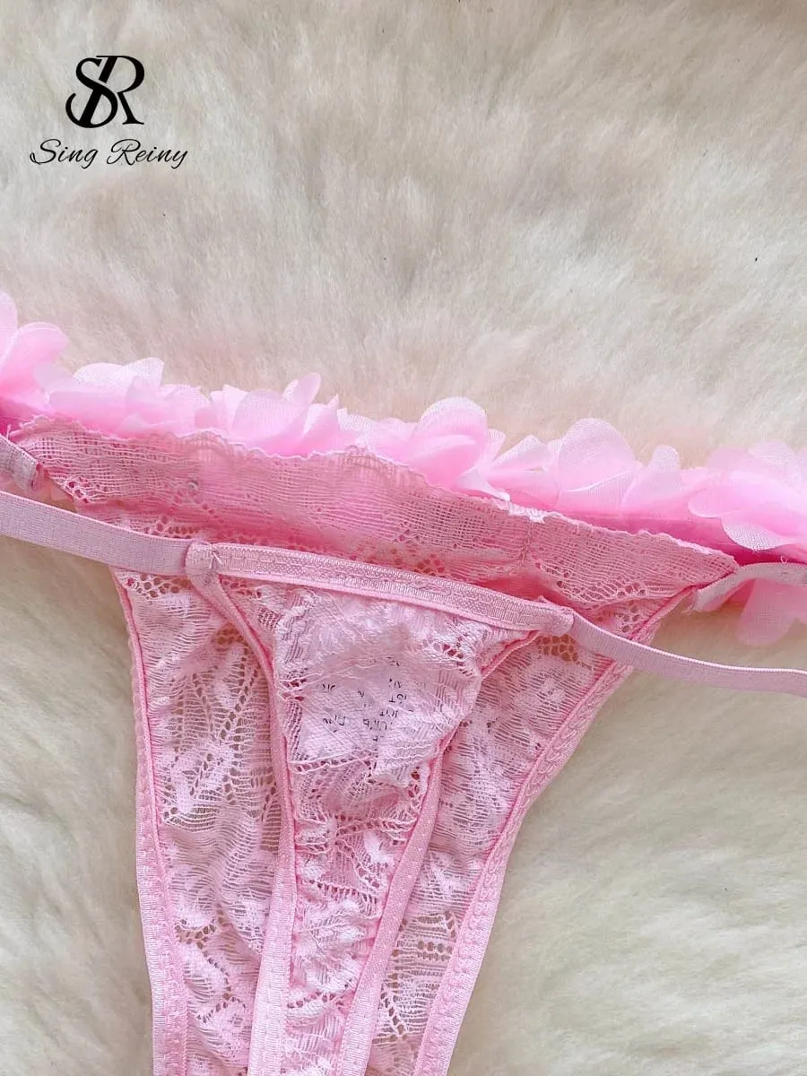 2024 Sensual Mesh Lace Lingerie Three Pieces Sets Women Floral Strap Mini Bra+Thongs Hollow Out Sexy Underwear Suits — image 6