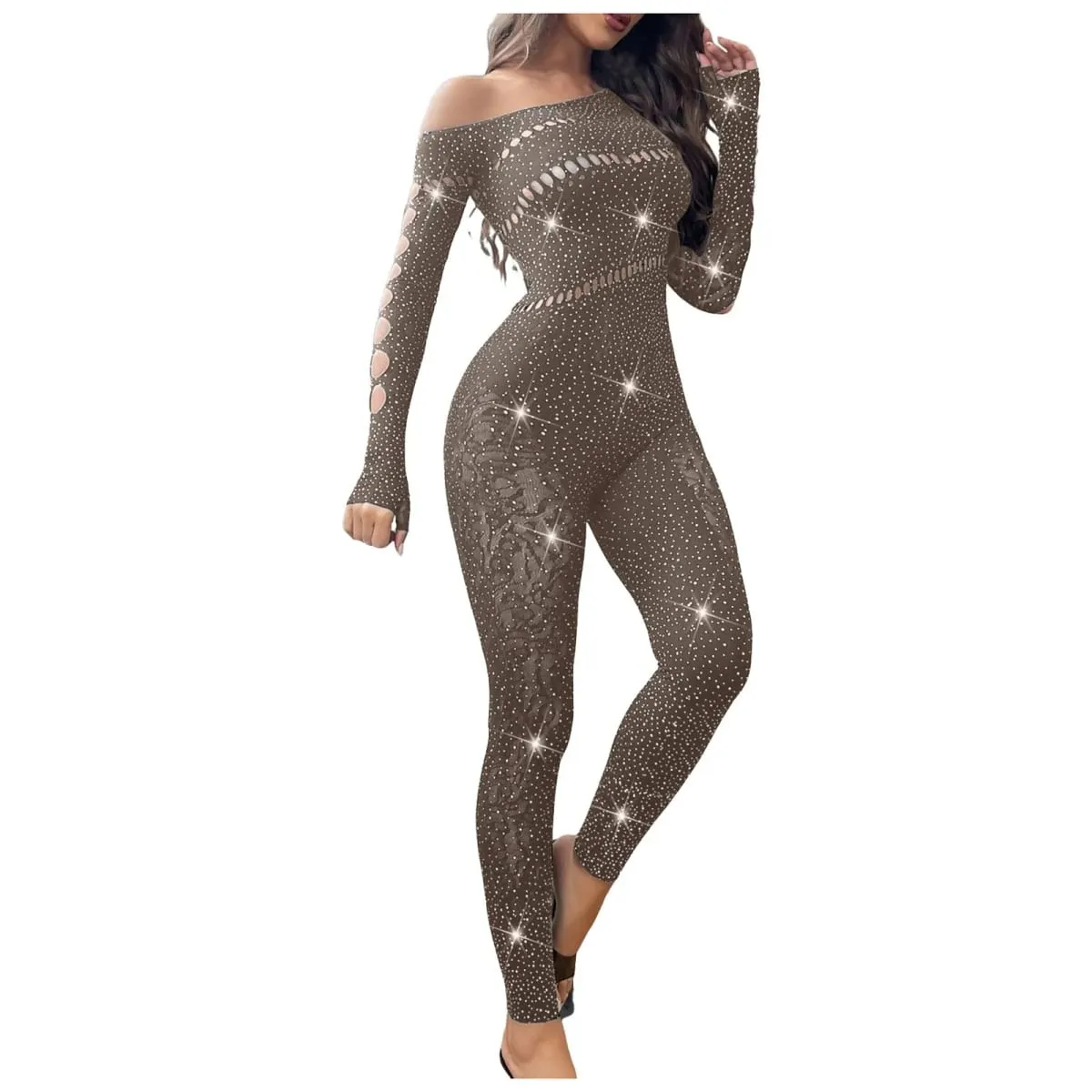 Combinaison Sexy en maille strass pour femmes, manches longues, transparente, bas de corps très extensibles, combinaison Club, grande taille, Stock Lingerie — image 3