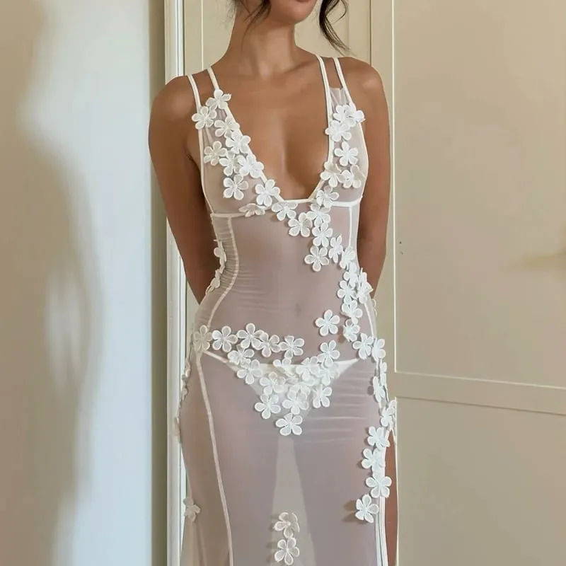 Women Sexy Party Night Backless V Neck Split Cocktail Dress 90s Vintage Floral Sheer Mesh Long Dress Chic Boho Beach Cover-ups — image 7