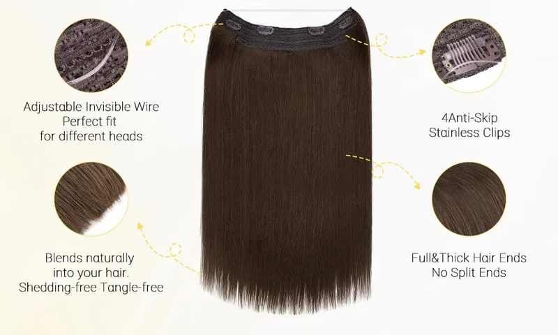 Sunmofavo Wire in Hair Extensions Real Human Hair Balayage Dark Brown to Chestnut Brown Invisible Fish Line Remy Blonde Weft