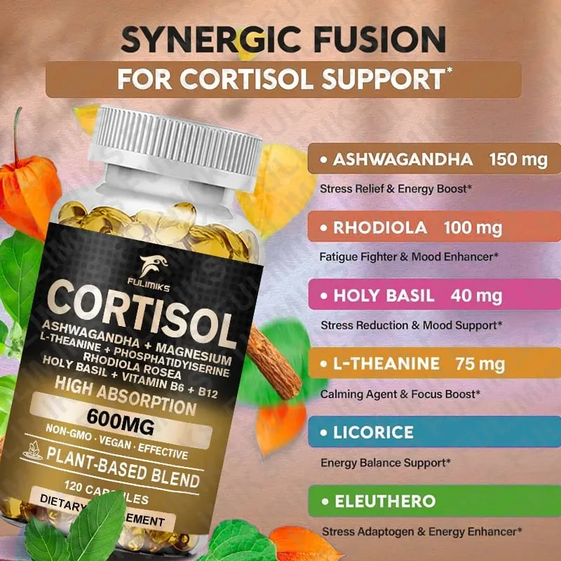 Suplemen Cortisol Holy Basil | Ashwagandha | Rhodiola | Keseimbangan Hormon Berasaskan Tumbuhan L-Theanine - Fokus Mood & Sokongan Tidur — image 6