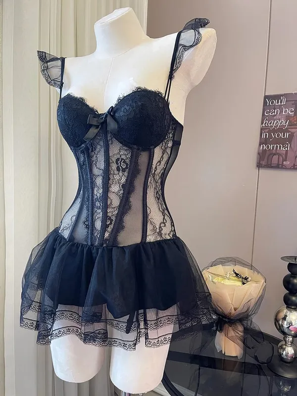 Sweet Ladies Bra & Brief Sets Fishbone Corset Lace Lingerie Strap Gathered Push Up Thin Pajamas with Chest Pads Adult Underwear