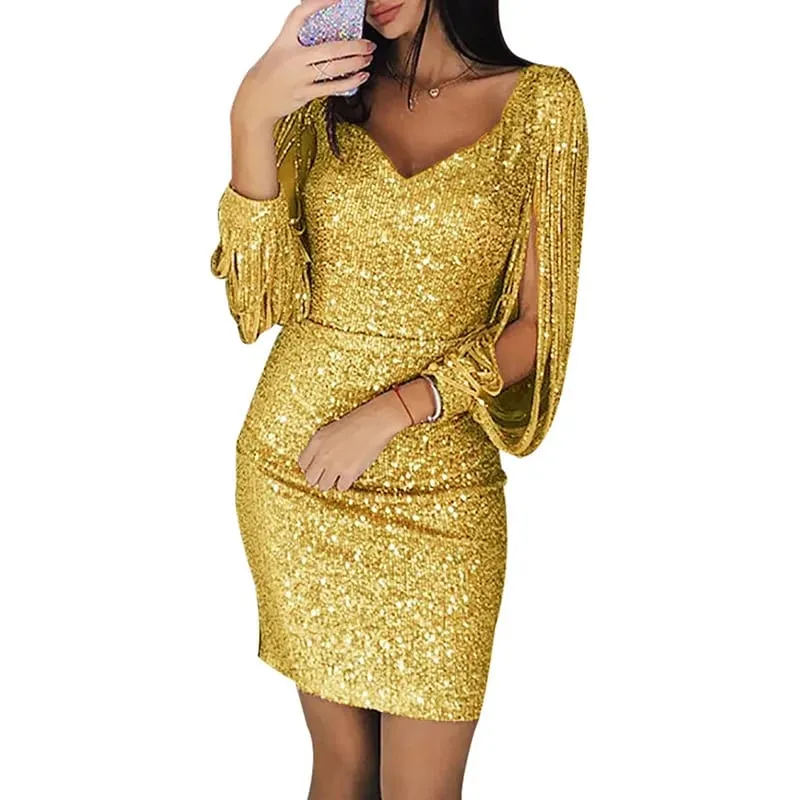 Mga Panggabing Dress para sa Babae Elegant Long Sleeve Sequin Mini Dresses Sexy Ruched Bodycon Sparkly Glitter Cocktail Party Dresses