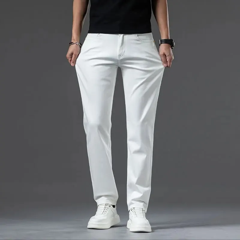 2026 New High Quality Casual Men White Jeans Mid-Waist Straight Stretch Denim Trousers Cotton Comfortable Regular Denim Pants — image 5