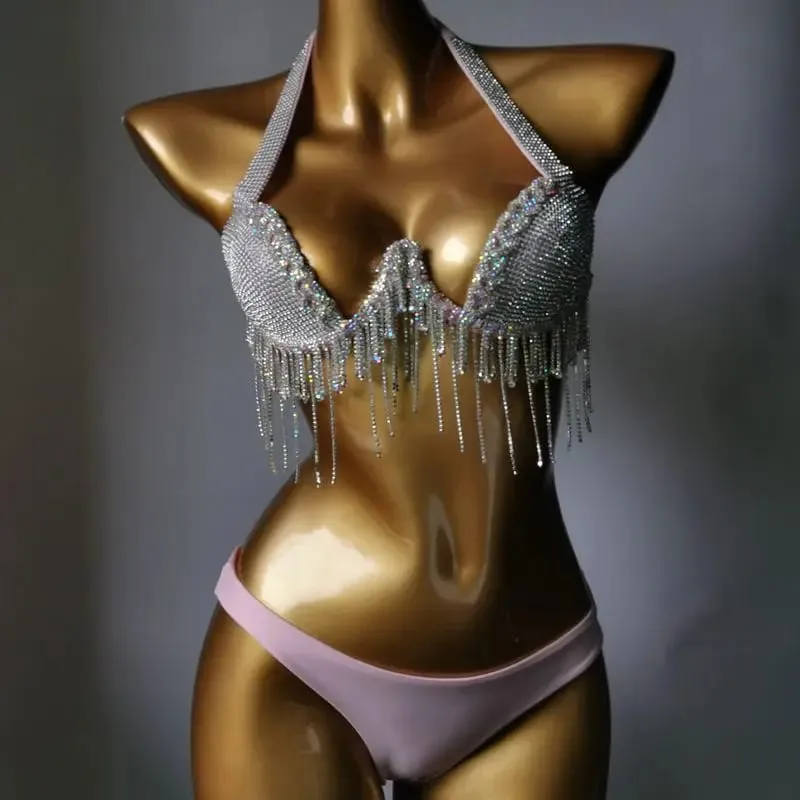 2024 Bikini Set Women Diamante Carnival Bra rhinestone Tassel Night Club Panties Rave Festival Bikini Set Burning Man Outfit — image 2