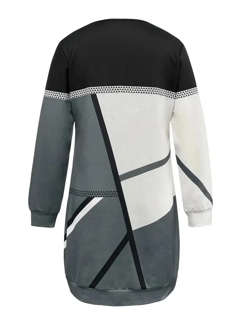 Abito da donna con scollo tondo a maniche lunghe con stampa motivo geometrico primaverile e autunnale — image 2