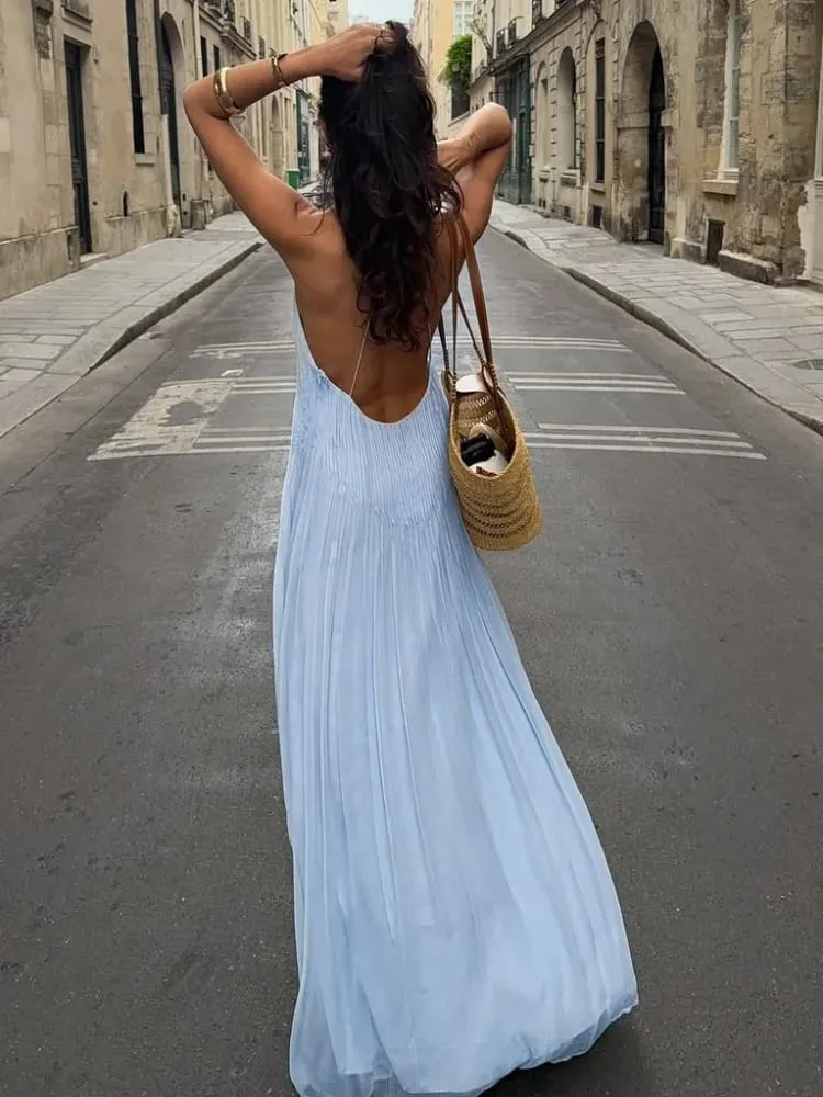 Robe longue plissée de couleur unie pour femmes, Sexy, élégante, sans manches, bretelles, dos nu, Slim Fit, Robe de plage, de fête — image 7