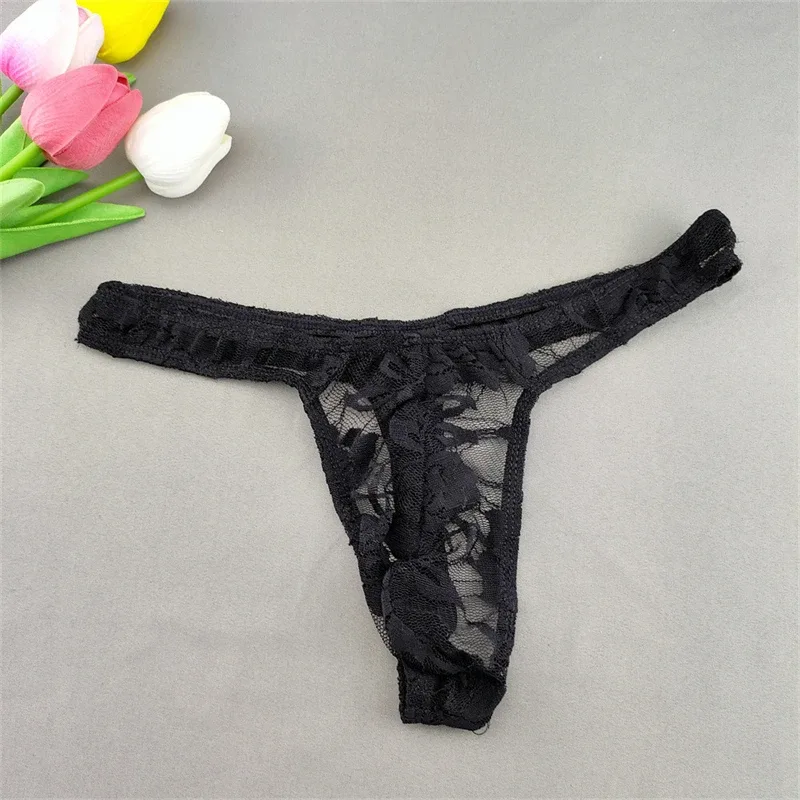 Lace Floral Sexy Men's Underwear Solid Hollow Perspective Thong Comfort Bugle Enhance Sissy G-String Gay Low Rise T-back Panties