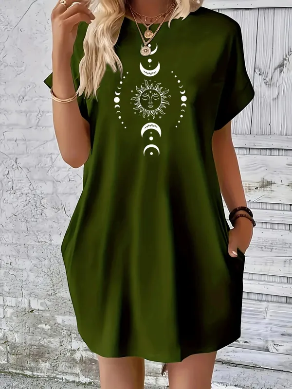 Ladies' summer loose sun moon planet pattern printed round neck short sleeved pocket comfortable casual plus size dress — image 2