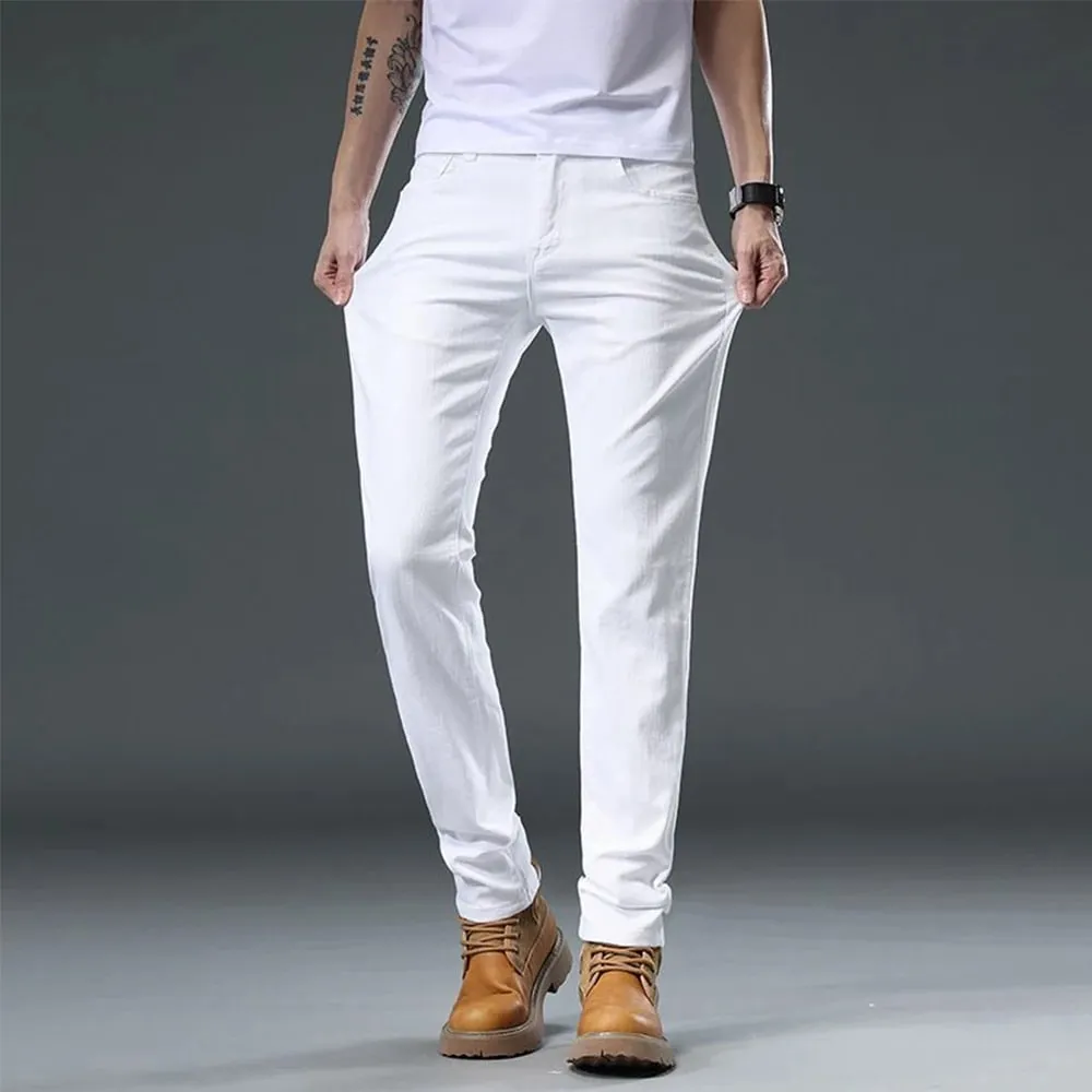 2025 סתיו גברים לבן Slim Fit ג'ינס ישר מכנסי ג'ינס מתיחה מקרית אופנה נוחה בגדי מותג גברים בגדי רחוב — image 4
