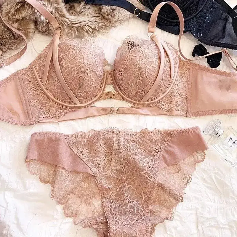 Sexy Hollow Lace Bra Set Large Breasts Gathered Comfortable Soft Steel Ring Top Support Anti-Sagging Breathable Thin Bra Set — image 6