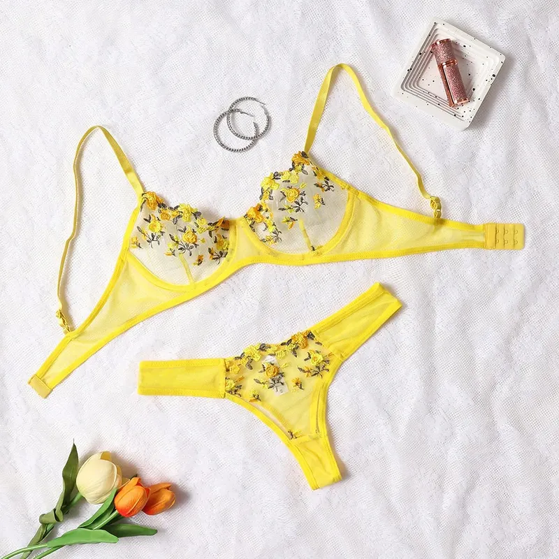 Seksi Dantel İç Sütyen ve Külot Setleri Kadın İç Giyim Çiçek Nakış Bralette Seti — image 8
