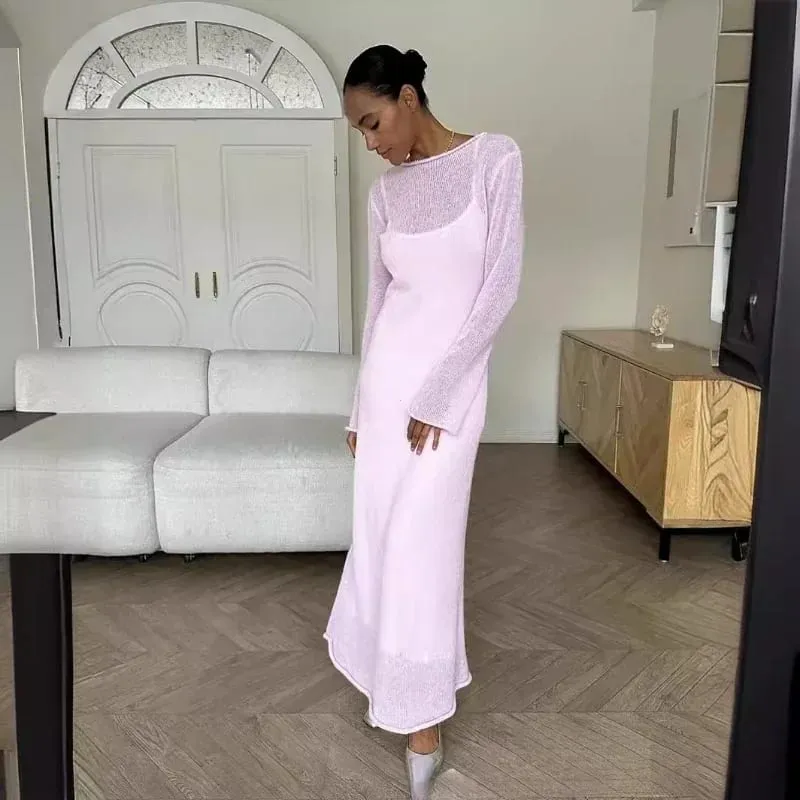 Spring Autumn O-Neck Elastic Knit Long Dresses Women 2024 Elegant Chic Soft Lady Hollowing Sweater Dresses Femme New — image 3