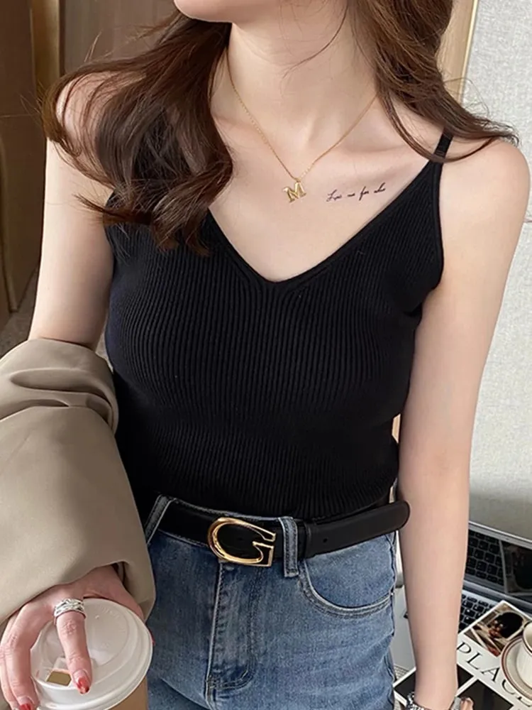 Korea Summer Tops New Solid V-Neck Elastic Knitted Suspender Camis Women's Tanks Clothing Basics Shirt — image 4