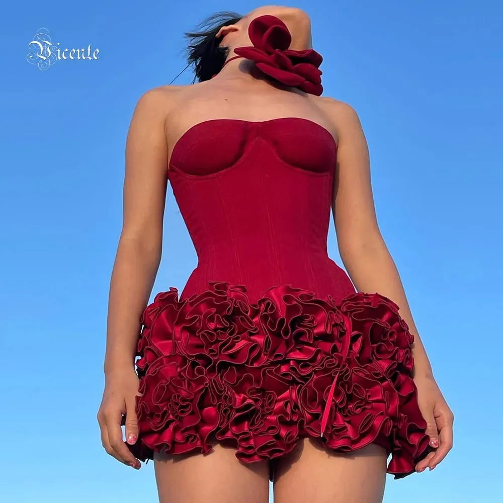 VC Christmas Dress Strapless Backless Red Structured Floral Embellished Mini Length Bodycon Celebrity Party Cocktail Dress — image 1
