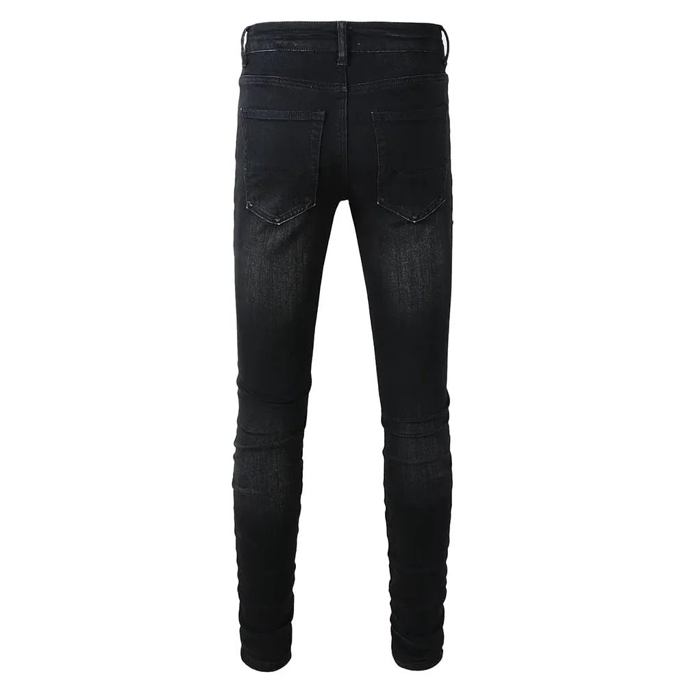 Men's White Pleated Patch Denim Jeans Streetwear High Stretch Denim Cotton Pants Ripped Skinny Tapered Black Trousers — image 2