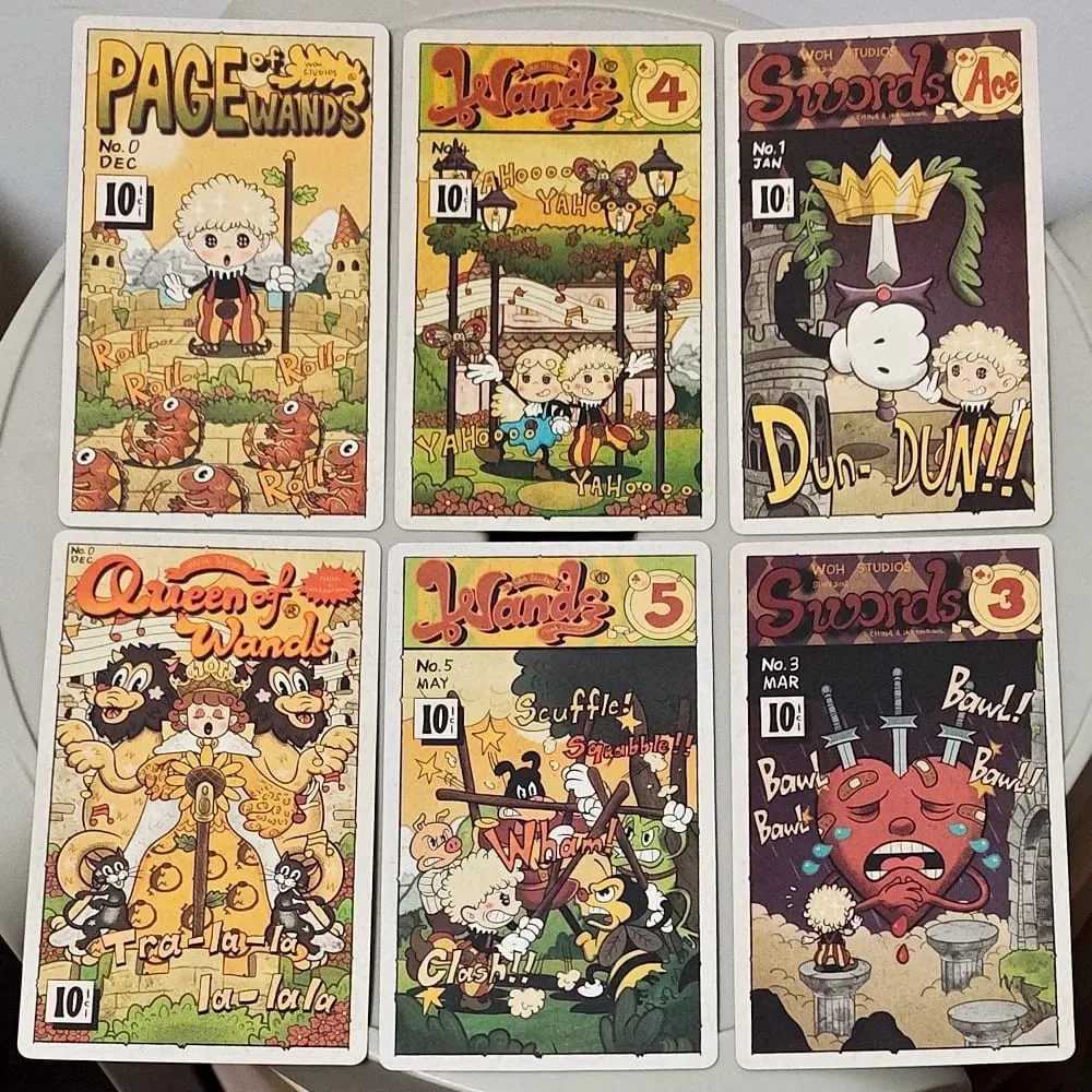 Dupla dombornyomott, 12*7 cm-es vintage gumitömlős Tarot pakli merev dobozban 78 régi rajzfilmes művészeti tarotkártya — image 4