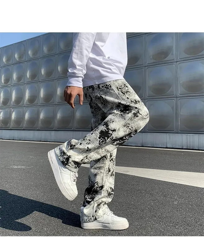 Printed Jeans Unisex Elastic Waist Spring 2025 Mopping Trousers Jeans Mens Fashion Korean Style High Street Loose Hip Hop Pants