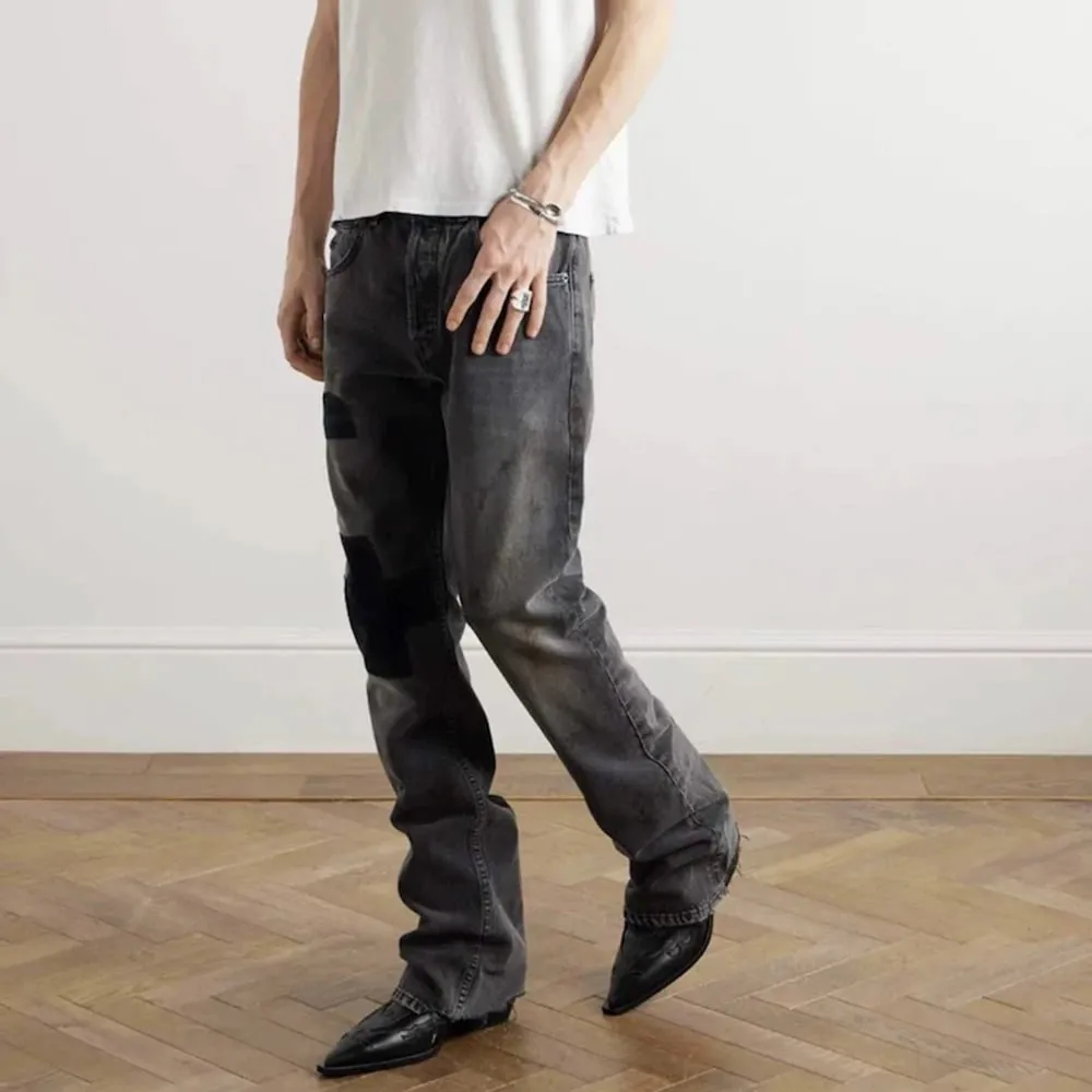 Corduroy Patch Damages Baggy Black jeans for Men Harajuku Straight Embroiery Loose Casual Denim Trousers Oversized Ropa Hombre — image 4