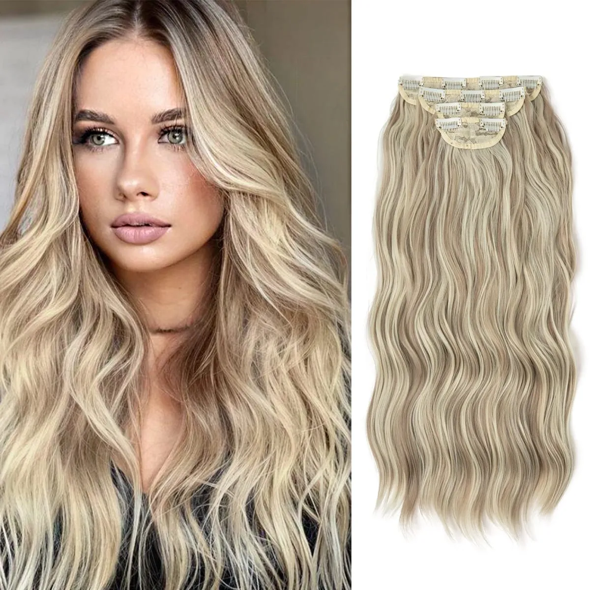 Synthetic 22" Long Wavy Clip In Hair Extensions 4Pcs/Set Thick Hairpiece For Women Brown Blonde Black Natural Fake Hair Pieces — image 14