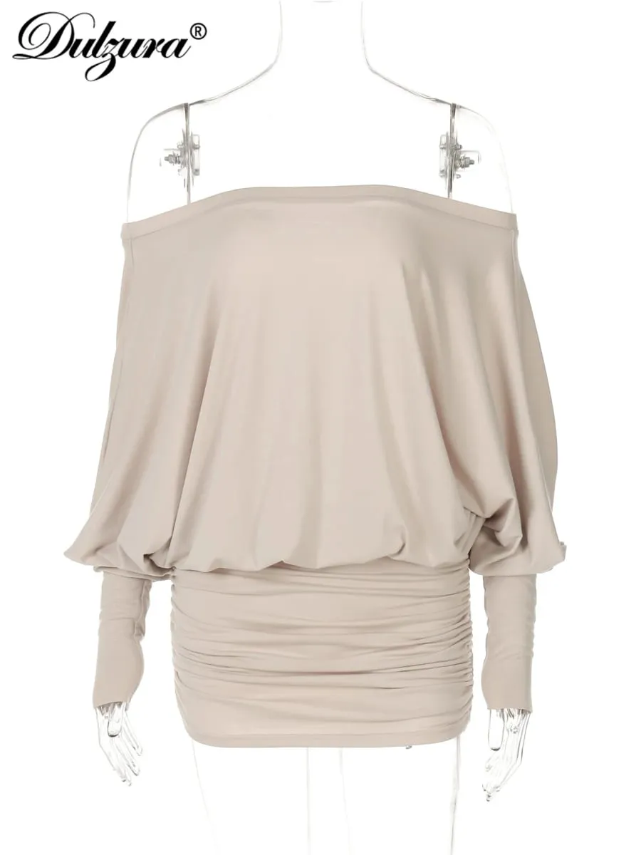 Dulzura Off Shoulder Long Sleeves Ruched Patchwork Mini Dress Women’S Sexy Elegant Casual Outfit Party Clubwear Spring Summer — image 6
