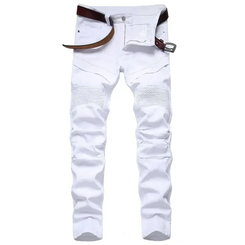 New Men's Slim Jeans White Motorcycle Trendy Casual Patchwork Denim Trousers Fashion Tight Folding Male Pants (without Belt) — image 2