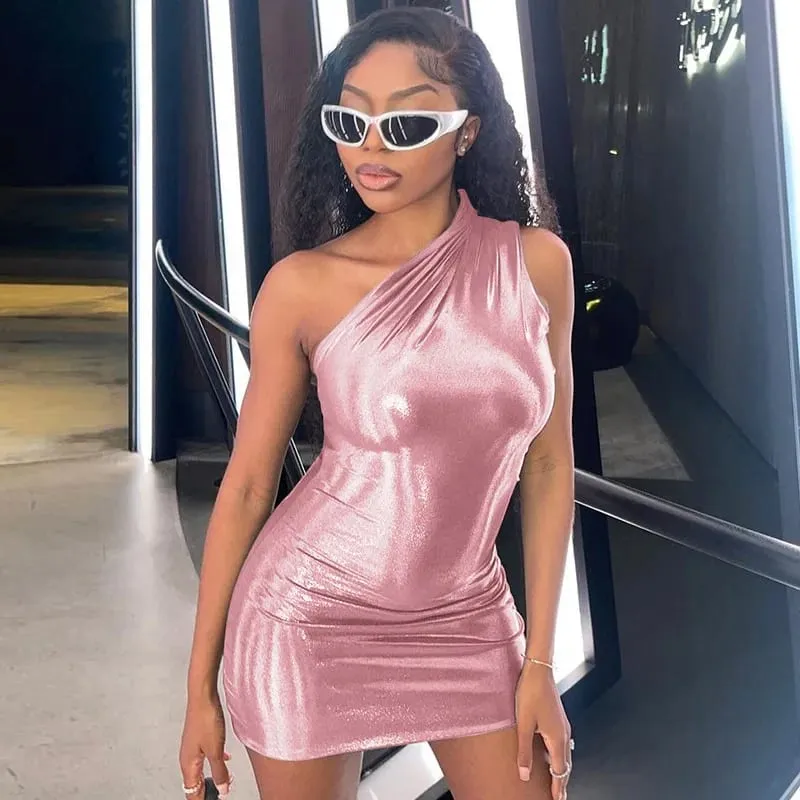 Wome Inclined Shoulder Solid Glitter Bodycon Dress Summer Sexy Slim Mini Sleeveless Dresses Casual Party Club A-Line Vestidos — image 6