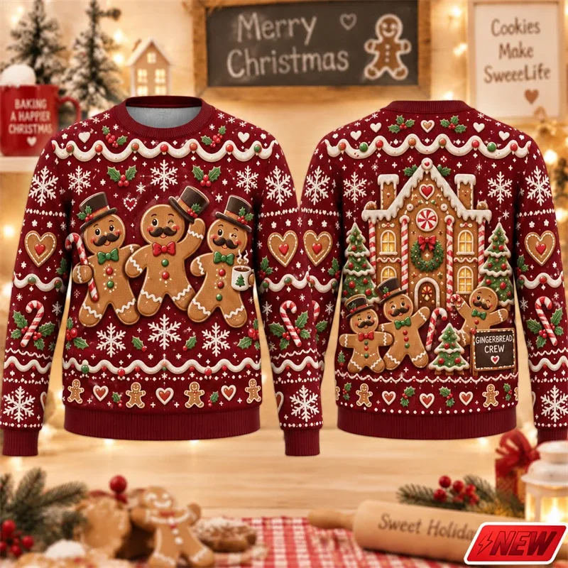 Christmas Ugly Sweater Men Holiday Gift Trendy 3D Print Funny Skateboarding Gingerbread Man House Pattern Pullover Unisex Hoodie — image 6