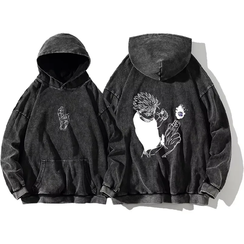 Japanese Anime Jujutsu Kaisen Print Hooded Pullover Men Hip Hop Sweatshirt Vintage Hoodie Harajuku Cotton Sweatshirts