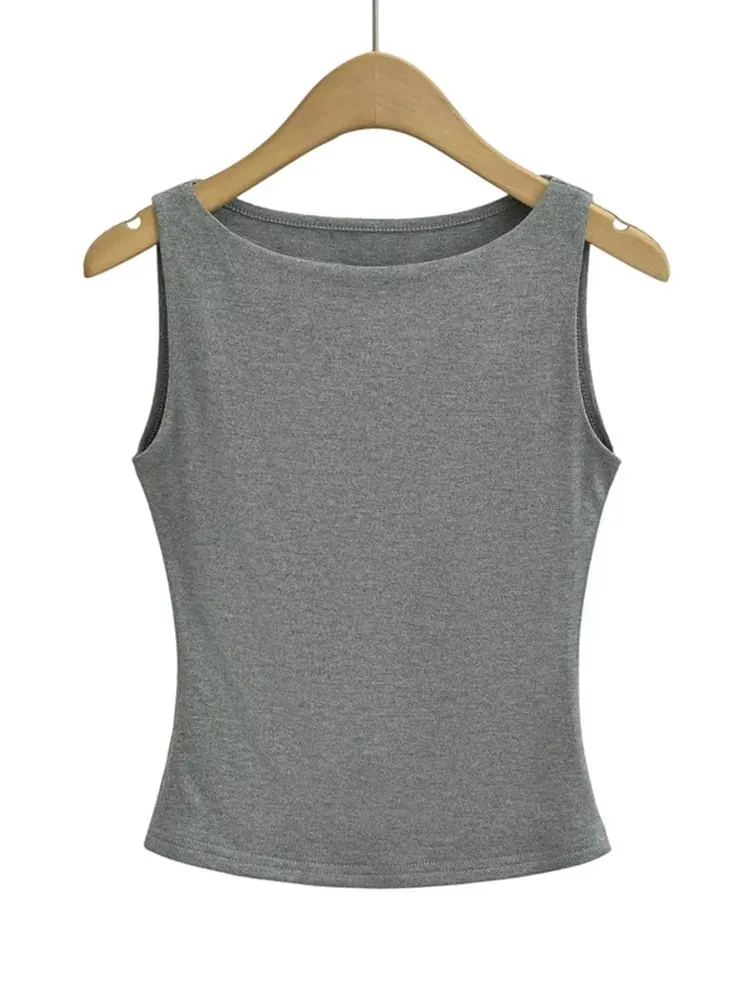 Women Double Layer Boat Neck Soft Slinky Tank Top