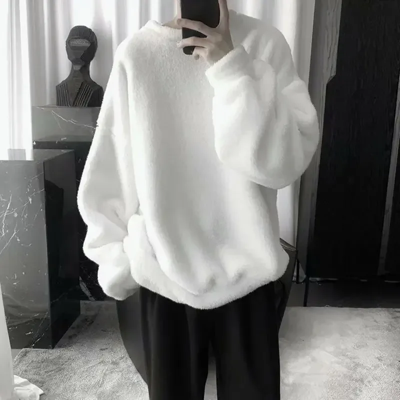 Oversize Sweatshirt Solid Color Lamb Hair O-Neck Long Sleeve Men's Sweatshirt Korean Fashion Loose Hoodies Streetwear Harajuku — image 4