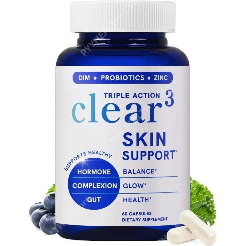 Clear³ Skin Support Supplement with DIM Probiotics & Zinc – Healthy Skin & Gut Nutritional Support 60 Capsules