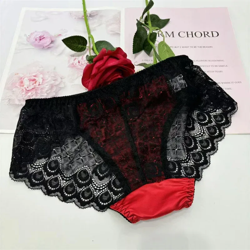 Sexy men underwear elasticity smooth underpants Transparent, breathable, Red lace Men's Briefs — image 6
