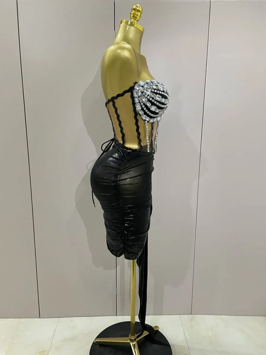 Sexy třpytivé kamínkové flitry 2dílná sada top sukně 2025 Dámské kostýmy pro celebrity Večerní párty Jeviště noční klub — image 4