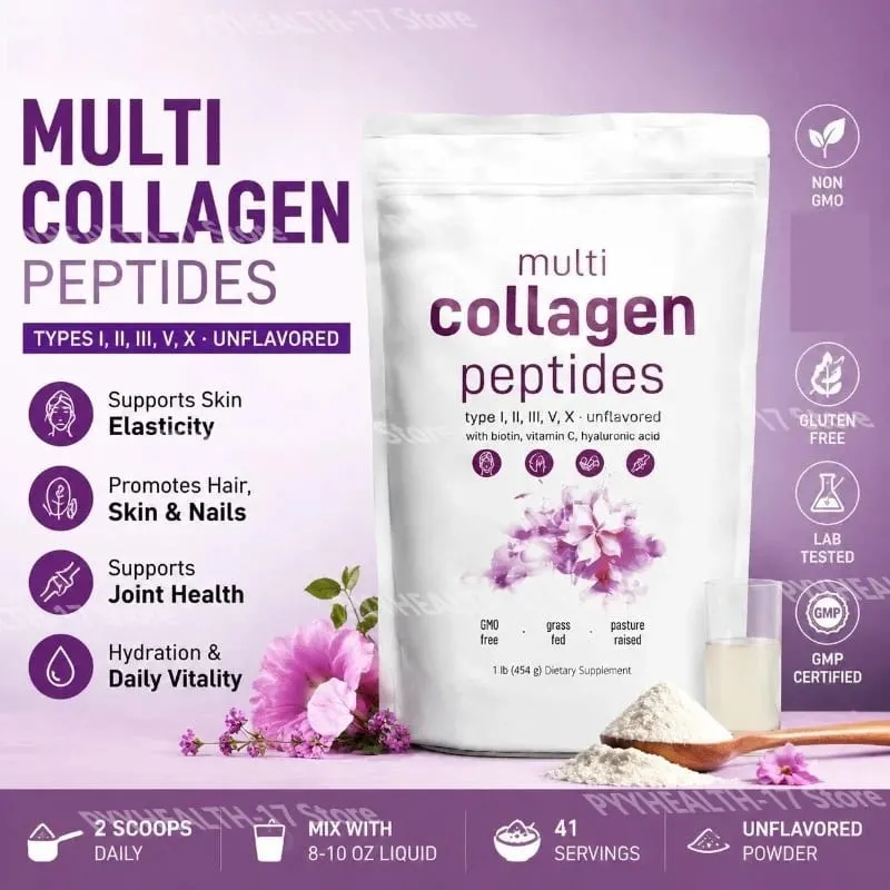 Péptidos múltiples de colágeno en polvo tipos I II III V con biotina, vitamina C y ácido hialurónico que soporta la piel, el cabello y las uñas para hombres y mujeres — image 1