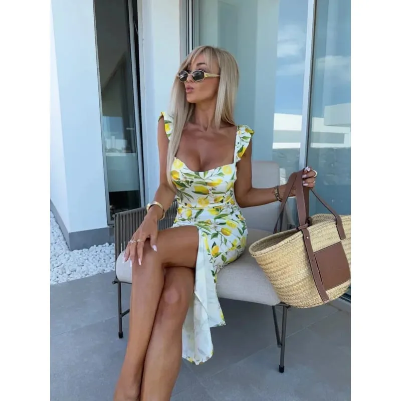 Women's Floral Ruffled Midi Dress Square Neck Side Slit Ideal for Summer Vacations Beach Outings Bohemian Styles — image 7