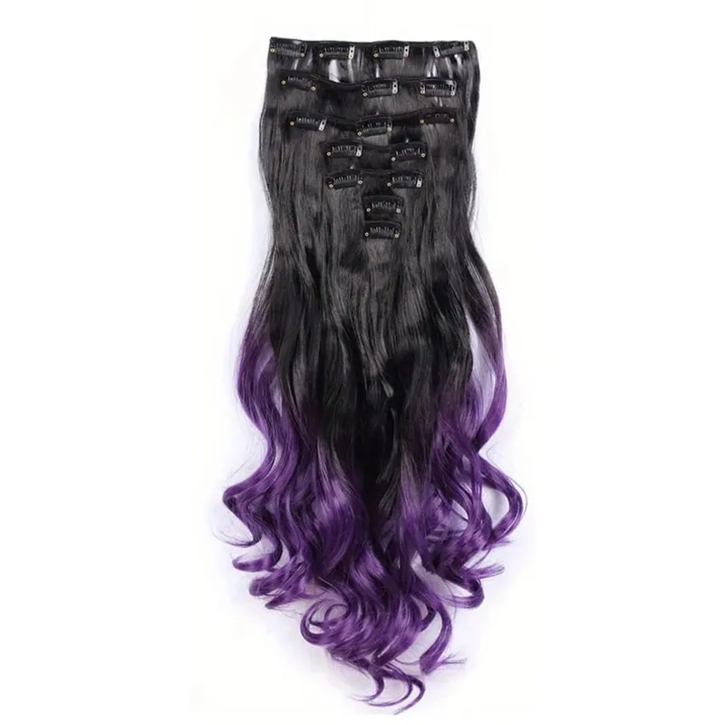 Clip in Hair Extensions Ombre Color Synthetic 7pcs Set Wavy Curly Hairpieces Black to Purple For Women Girls — image 10