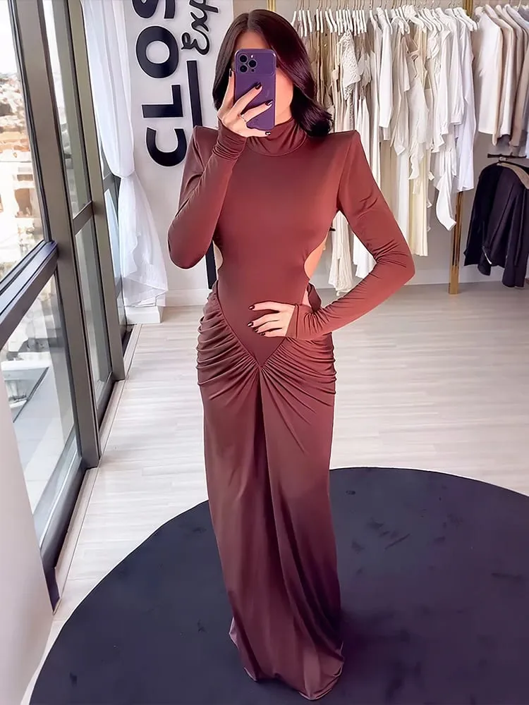 Weird Puss Backless Maxi Dress Women Long Sleeve Shoulder Pads Waistless Peach Buttocks Ruched Elegant Banquet Skinny Vestidos — image 5