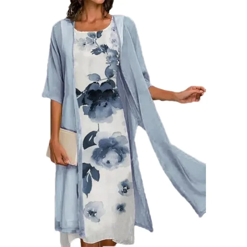2025 new! Eu-us Summer Women's casual elegance 2 printed crew-neck loose dress sweater coat set — image 8