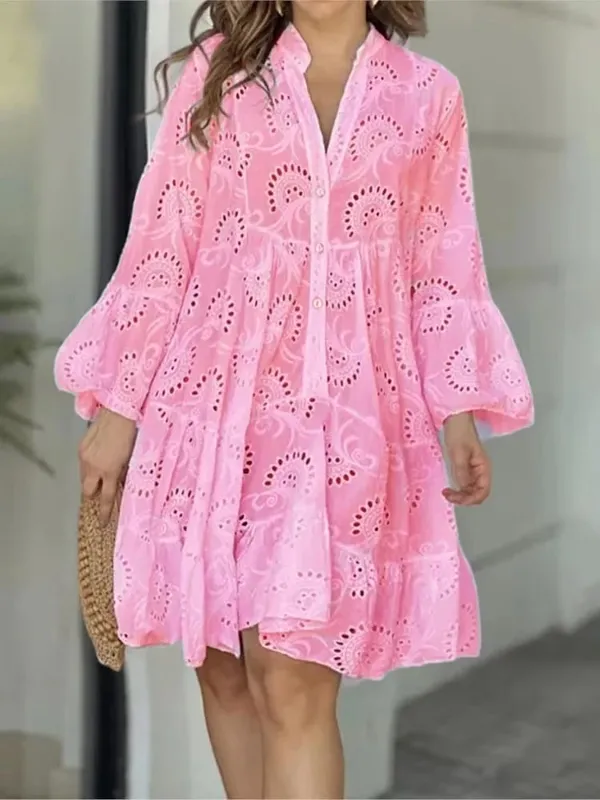 Customizable Summer Loose Vintage Solid Lace Dress Fashion V-neck Flare Sleeve Embroidery Dress — image 8