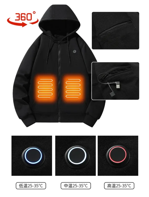 USB chauffage sweat à capuche pour homme hiver électrique vestes à capuche chauffantes veste à capuche avec fermeture éclair infrarouge 5 zones de chauffage veste noir gris
