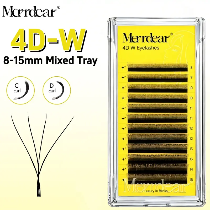 Merrdear 4D W Phần mở rộng mi cho nữ 8-15mm Khay hỗn hợp C/D Curl Lông mi giả 4D Mắt hình chữ W Trang điểm tự nhiên hàng ngày